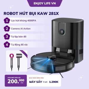 Robot hút bụi thông minh KAW – Công nghệ định vị LDS, lực hút 4000Pa, êm ái chỉ 55dB, đổ rác tự động, bản đồ trực tiếp.