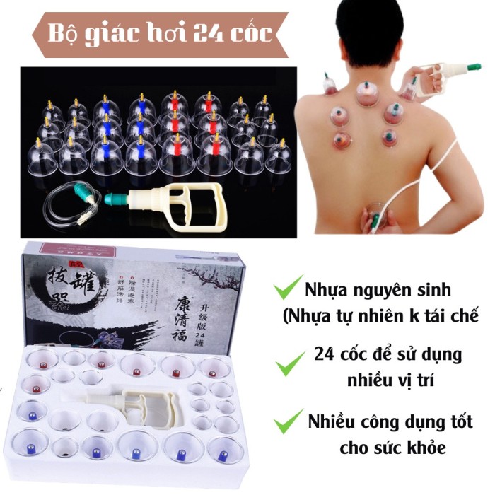 Bộ Giác Hơi Không Dùng Lửa KAW, Bộ 24 Cốc Trong Suốt, Bảo Hành Chính Hãng, An Toàn, Dễ Sử Dụng