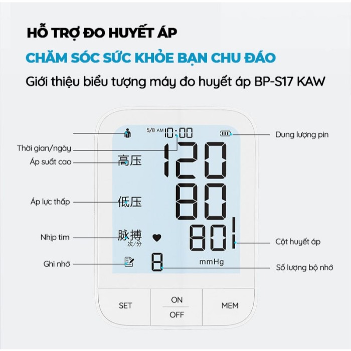 Máy đo huyết áp KAW tích hợp cảm biến thông minh - Cảnh báo huyết áp cao, kiểm soát tim mạch.