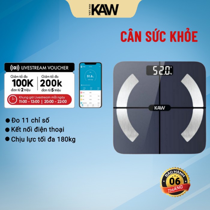 Cân điện tử thông Minh KAW, Phân tích 12 chỉ số cơ thể, Cảm biến siêu nhạy, Kết nối Bluetooth, Màn hình LED hiển thị rõ nét