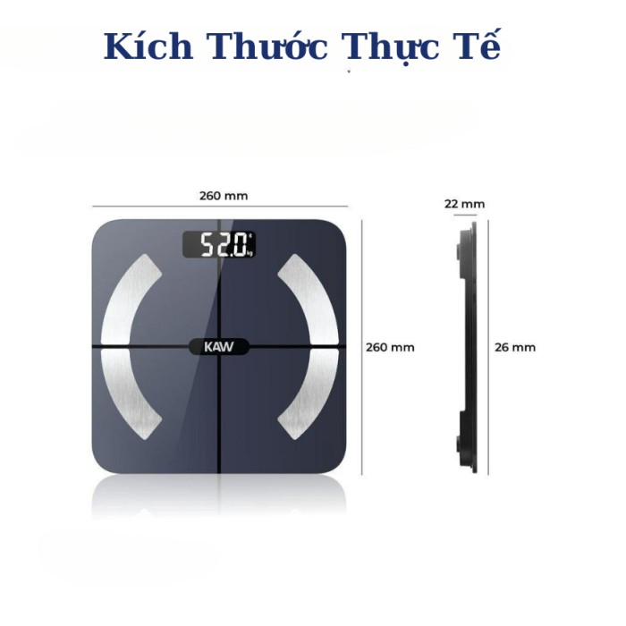 Cân điện tử thông Minh KAW, Phân tích 12 chỉ số cơ thể, Cảm biến siêu nhạy, Kết nối Bluetooth, Màn hình LED hiển thị rõ nét