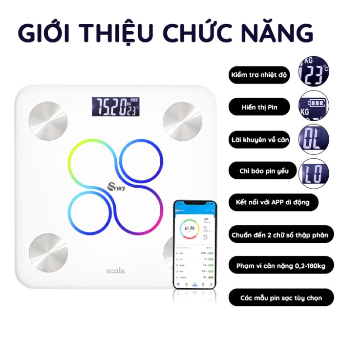 Cân điện tử thông Minh KAW, Phân tích 12 chỉ số cơ thể, Cảm biến siêu nhạy, Kết nối Bluetooth, Màn hình LED hiển thị rõ nét