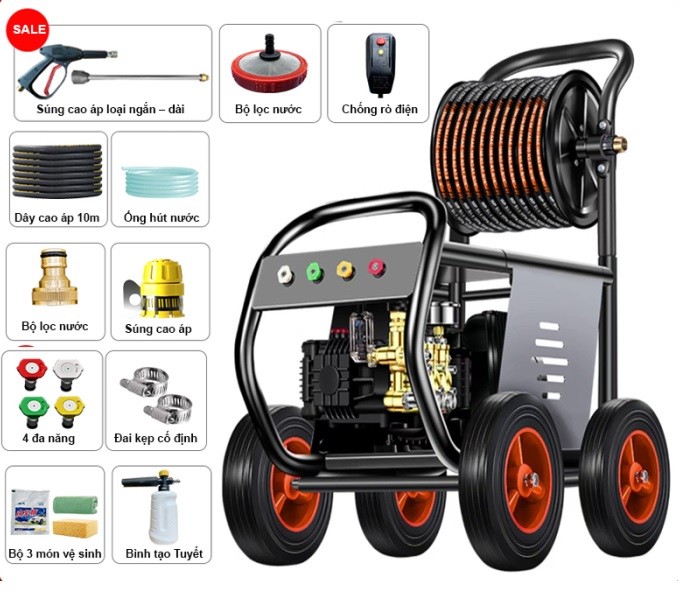 Máy rửa xe cao áp KAW 3000W – Mô tơ đồng, dây 10m, tặng bình bọt tuyết, dùng điện 220V