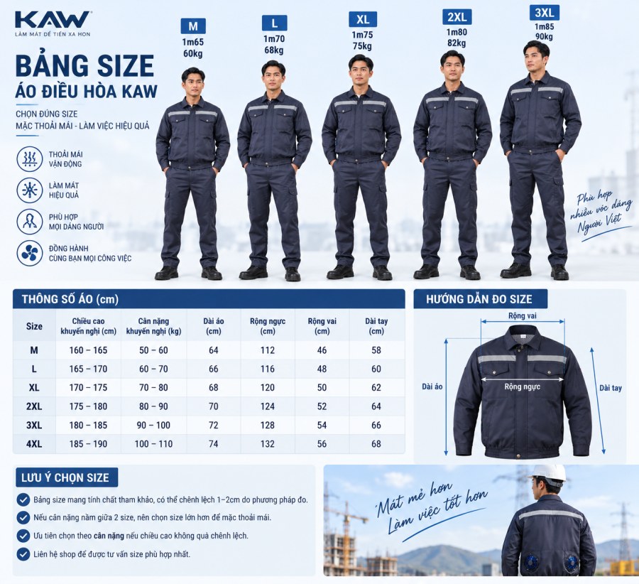 Bảng size áo điều hòa KAW xanh than và hướng dẫn đo size